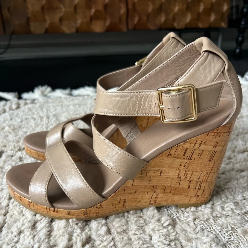 Cole Hann Neutral Cork Wedge Sandals with Gold Buckle